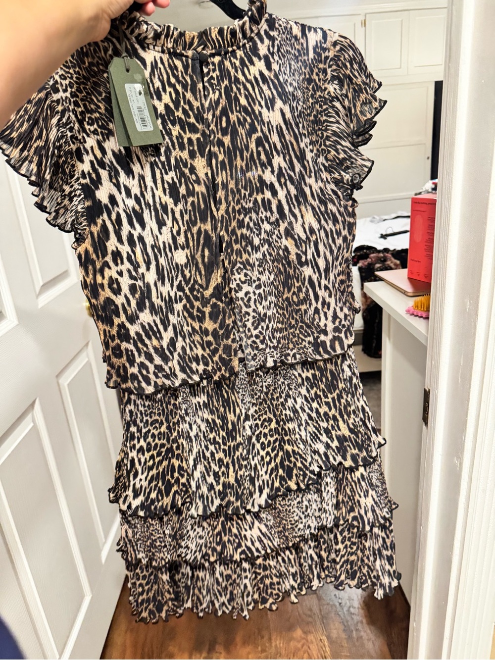 All Saints Leopard-Print Tiered Mini Dress in Black and Cream - Picture 3 of 5